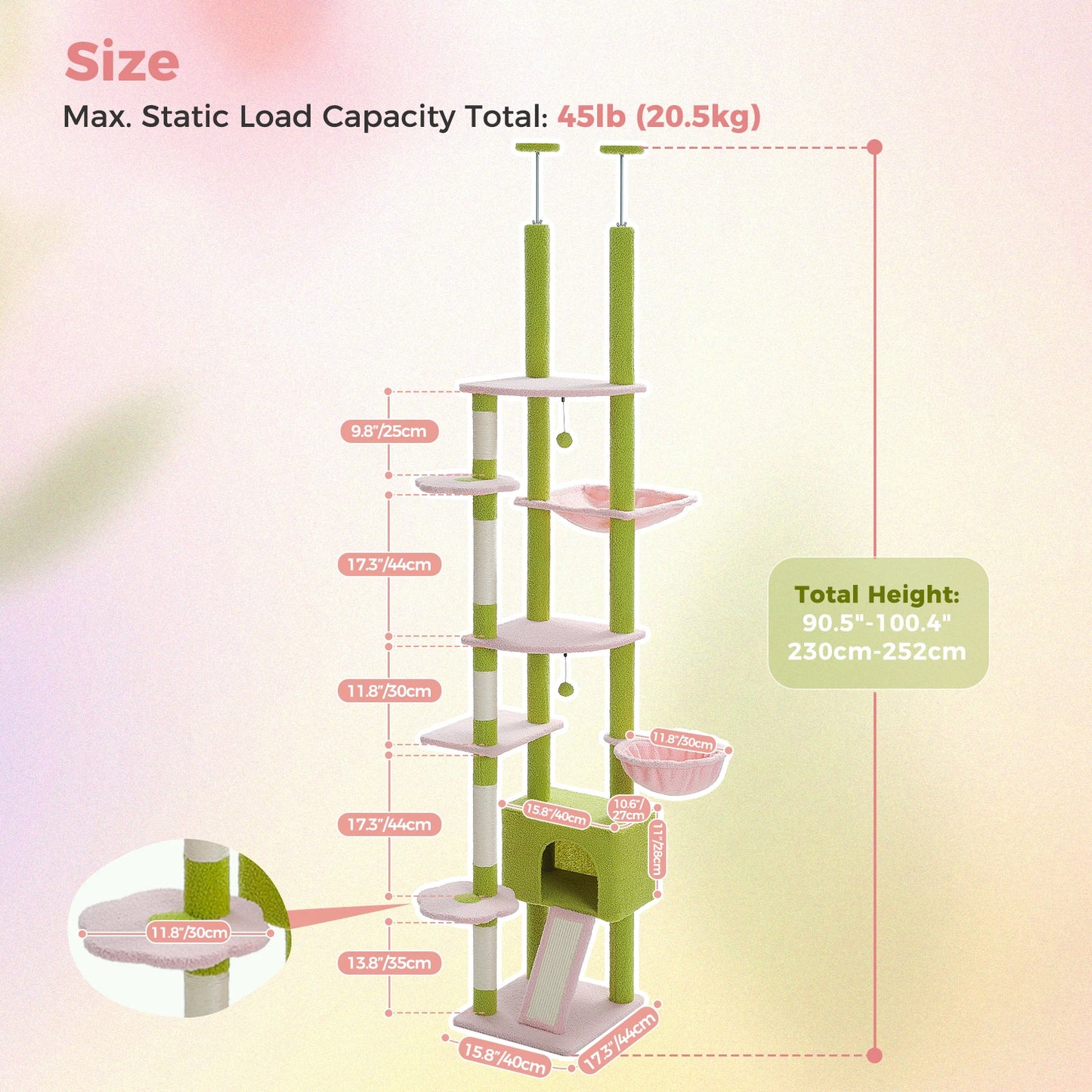 Floor to Ceiling Cat Tree with Scratching Posts and a Hammock for Indoor Cats with Toys.