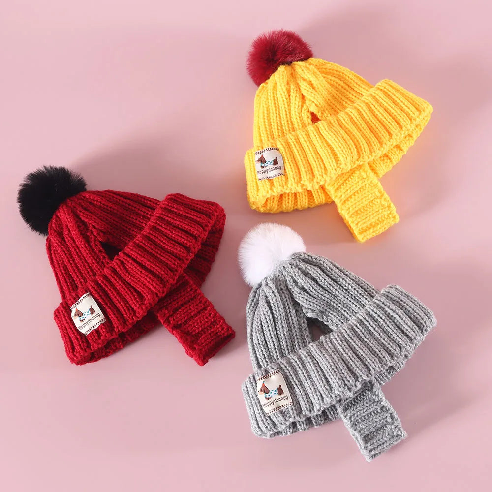 Winter Knitted Dog Hat with Plush Ball and Windproof.