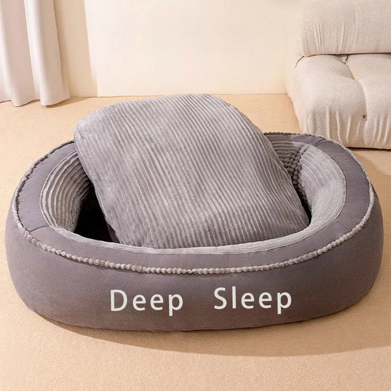A Dog, Cat, Puppy and Kitten are Comfortable in a Donut Round Kennel Soft Bed.