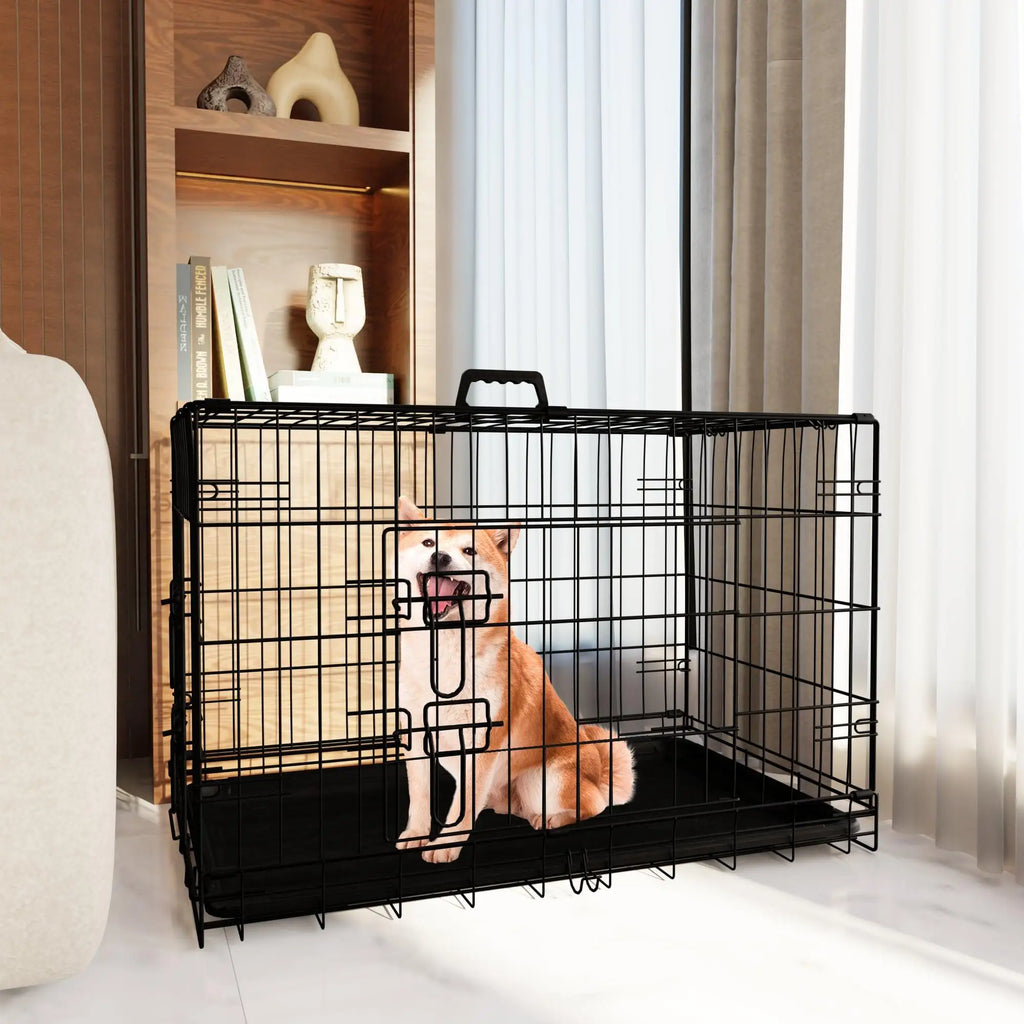 Dog Crate 36 Inch Medium Dog Cage with Divider.  Leak-Proof Tray,  Double Door,  Folding Metal Wire Cage, Indoor, Outdoor and Travel Use.