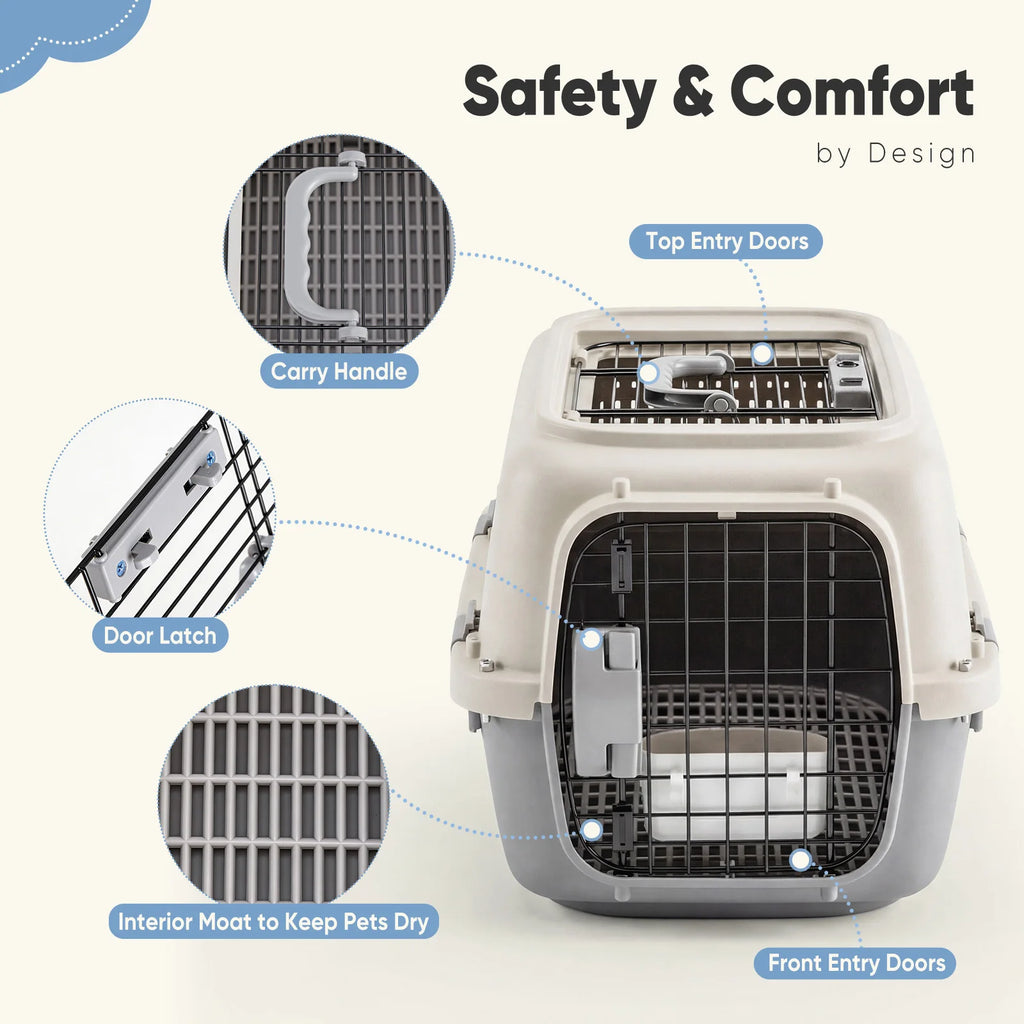 23 Inch Pet Carrier for Small Dogs and  Cats.  Front Top Load Wire Door.  Food Bowl Travel Crate with Enhanced Security.