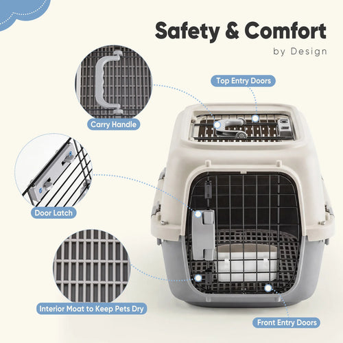 23 Inch Pet Carrier for Small Dogs and  Cats.  Front Top Load Wire Door.  Food Bowl Travel Crate with Enhanced Security.