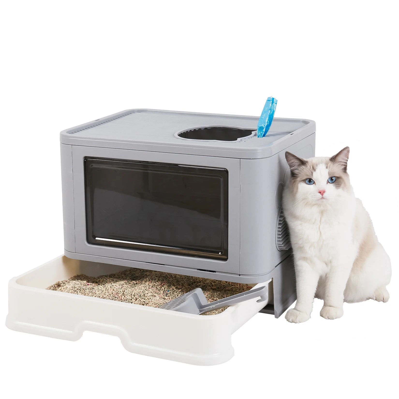 Cat Litter Box Fully Enclosed and Foldable Top.  Entry Litter Box Storage and Deodorization.  Easy to Clean.  Covered Litter Box.
