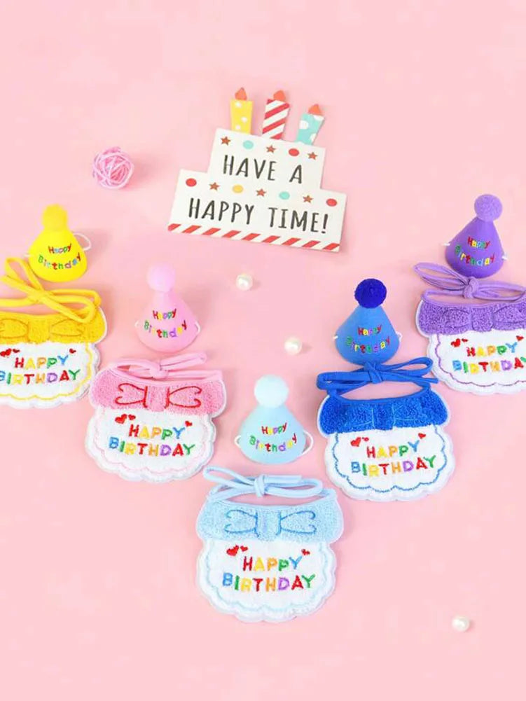 Pet Birthday Outfit for Cats and Dogs are a Birthday Bib and Party Hat.   The Bib is an Adjustable Bandana Scarf for Small Dogs, Puppies and Cats.