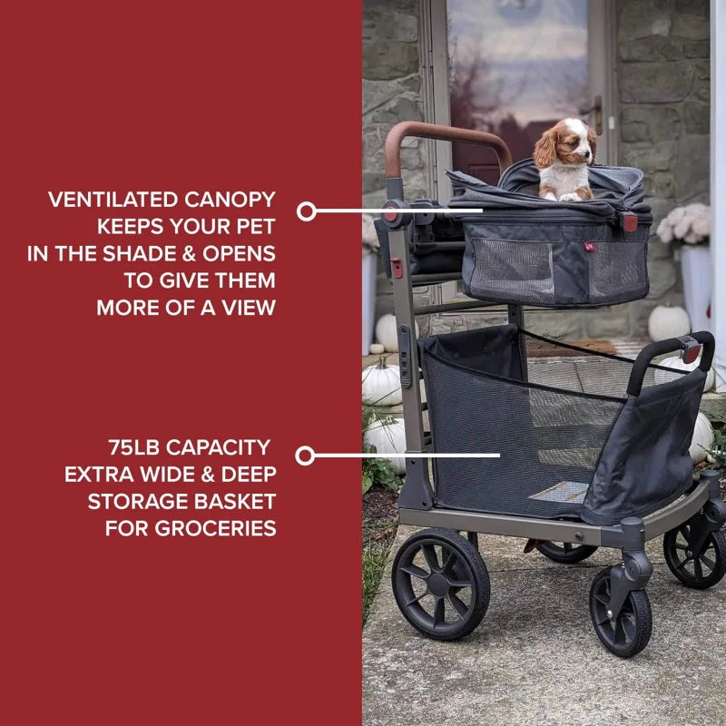 2026 New Pet Foldable Cart - Luxury & Dog Stroller with Large Shopping Basket, Cup Holders, . For Small Dogs or Cats (20 lb.).  Stroller has brakes.