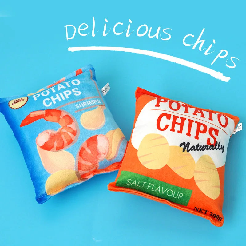 Funny Dog Toy Crisps Plush Filled with Squeaky Toy and Sounding Paper for Small and Medium Dogs.
