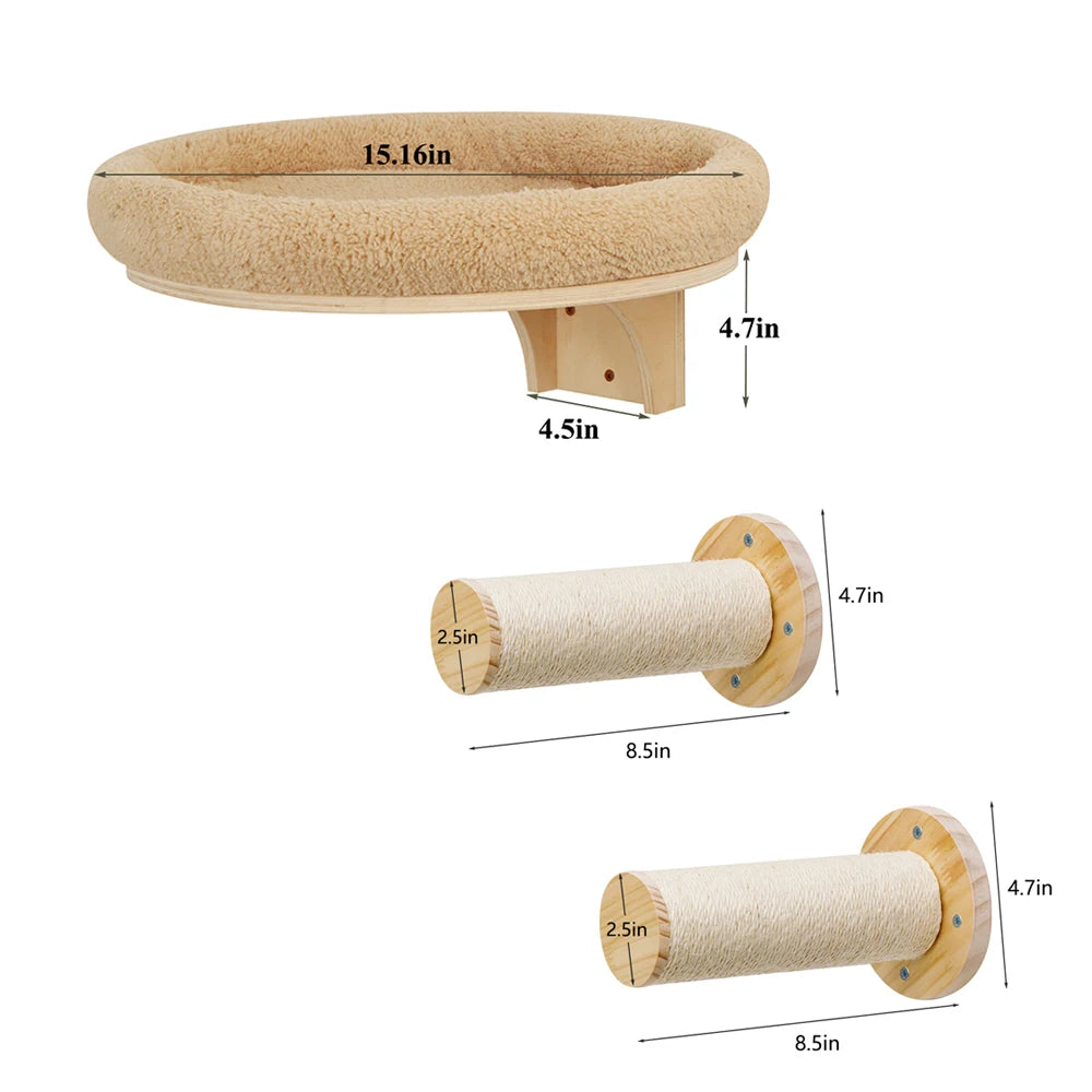 Cat Wall Mounted Wooden Climbing Ladder and Cat Hammock(extra) with Scratching Post and Perches.