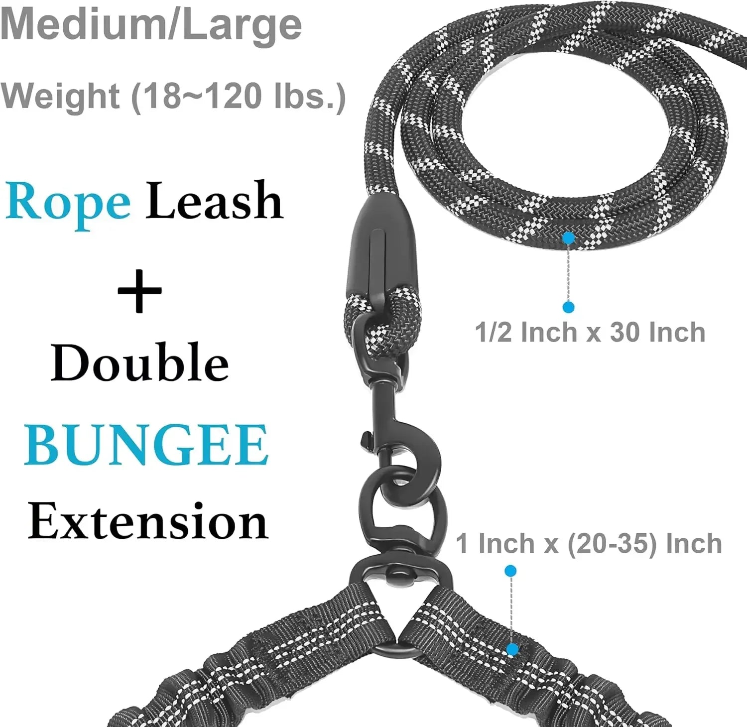 Double Dog Leash With Two Extra Traffic Handles. 360 Swivel No Tangle Dual Dog Walking Leash, Comfortable Shock Absorbing Reflective Bungee For Two Dogs 18-120 lbs.