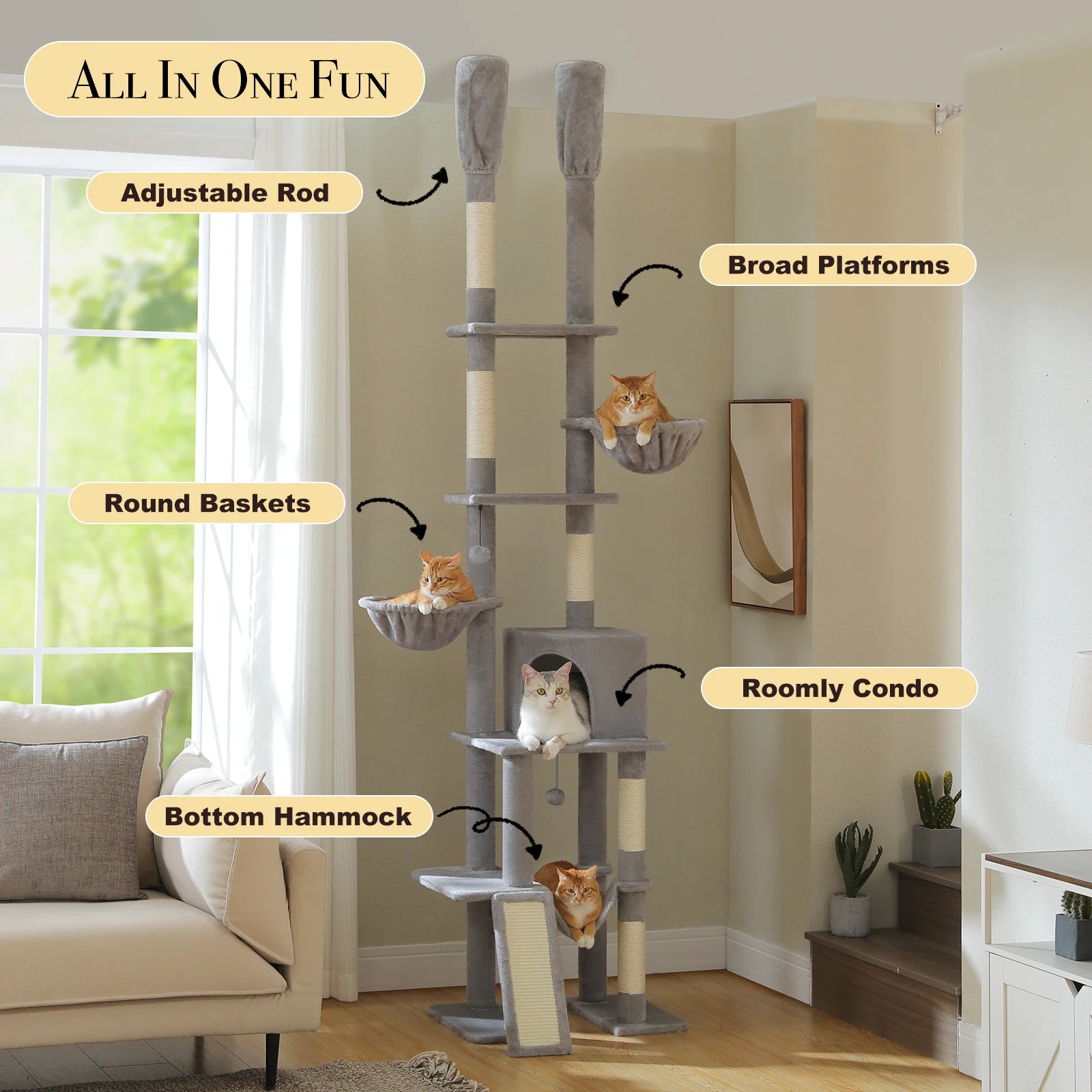 Cactus Cat Tree Tower 7 Tiers Cat Climbing Tree with Hammocks, Condos, Scratching Posts, Ladder and Cat Toys.