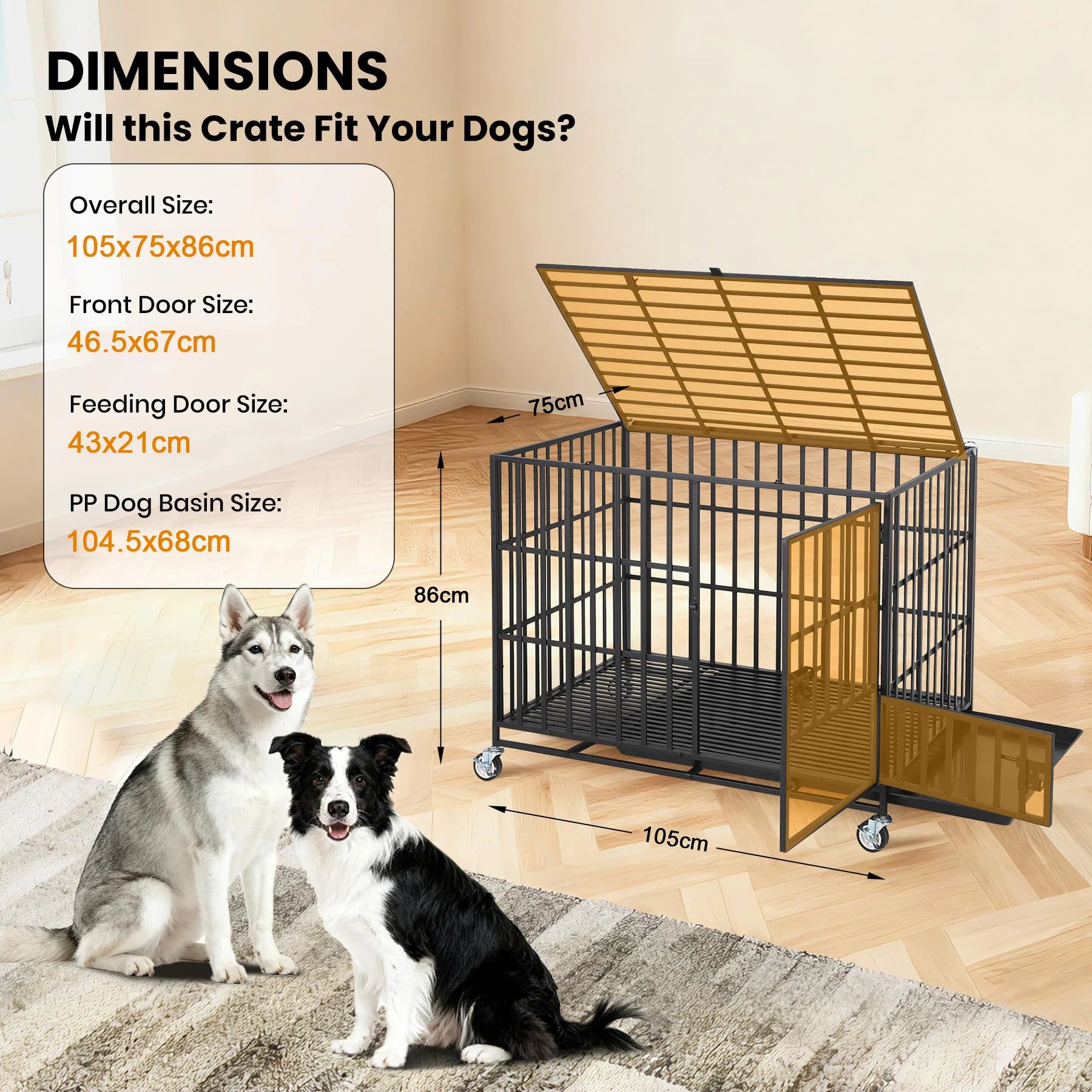 Heavy Duty Metal Dog Crate with 3 Doors, Removable Tray, for M/L Breeds.