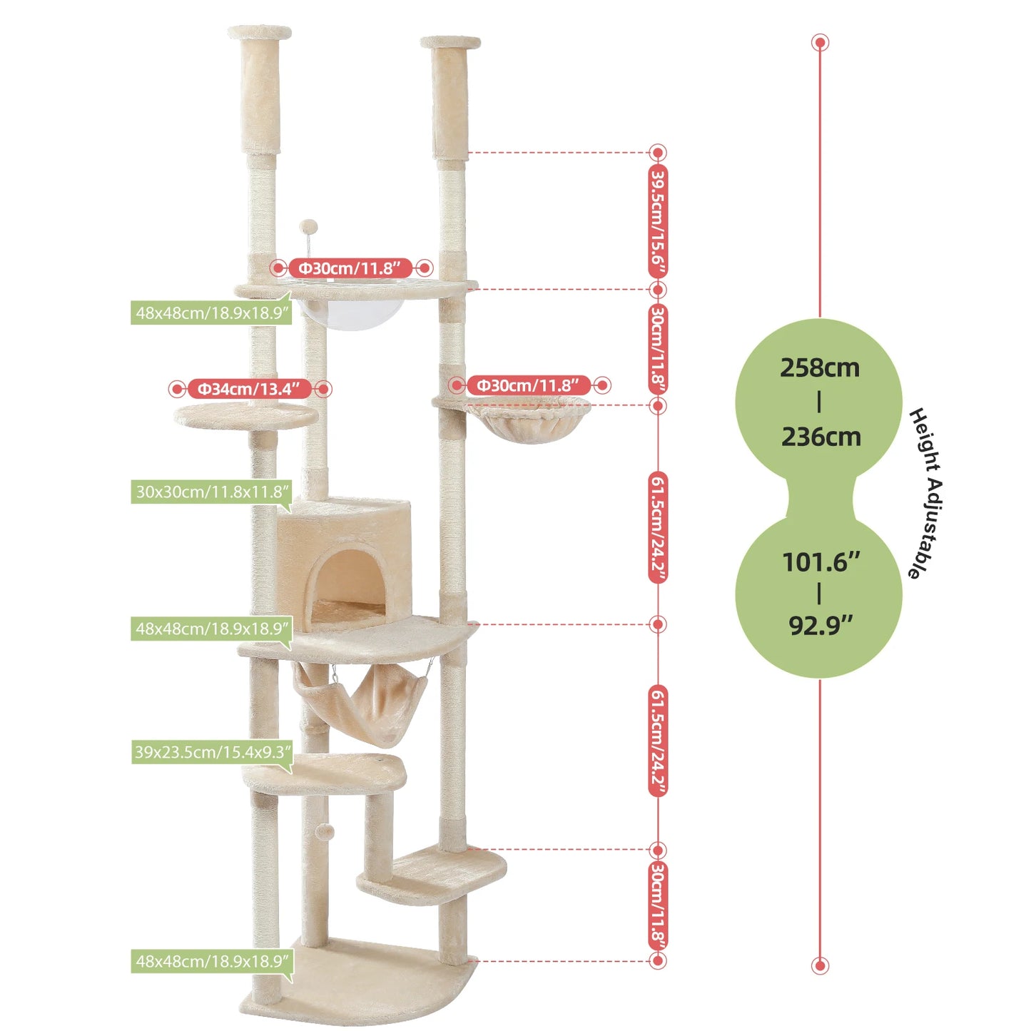 Floor to Ceiling Cat Tree with Scratching Posts and a Hammock for Indoor Cats with Toys.