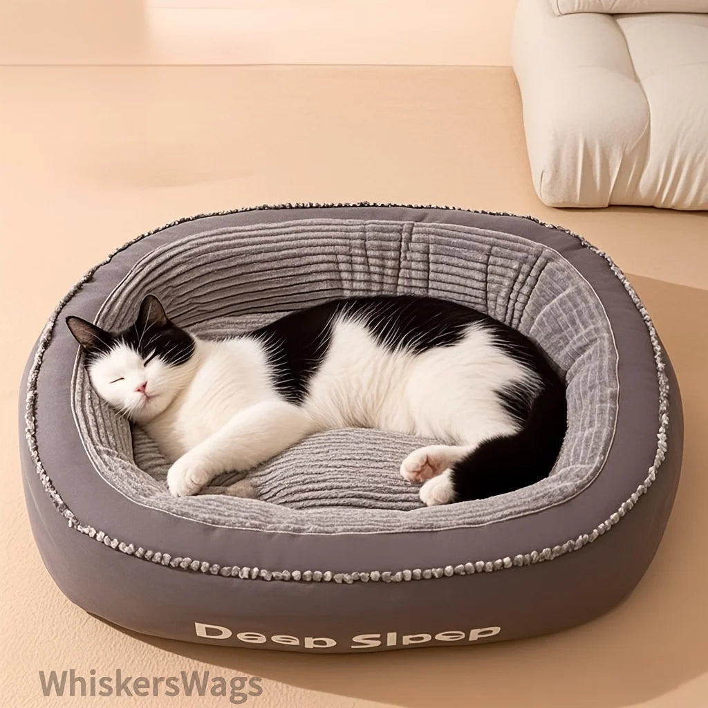 A Dog, Cat, Puppy and Kitten are Comfortable in a Donut Round Kennel Soft Bed.