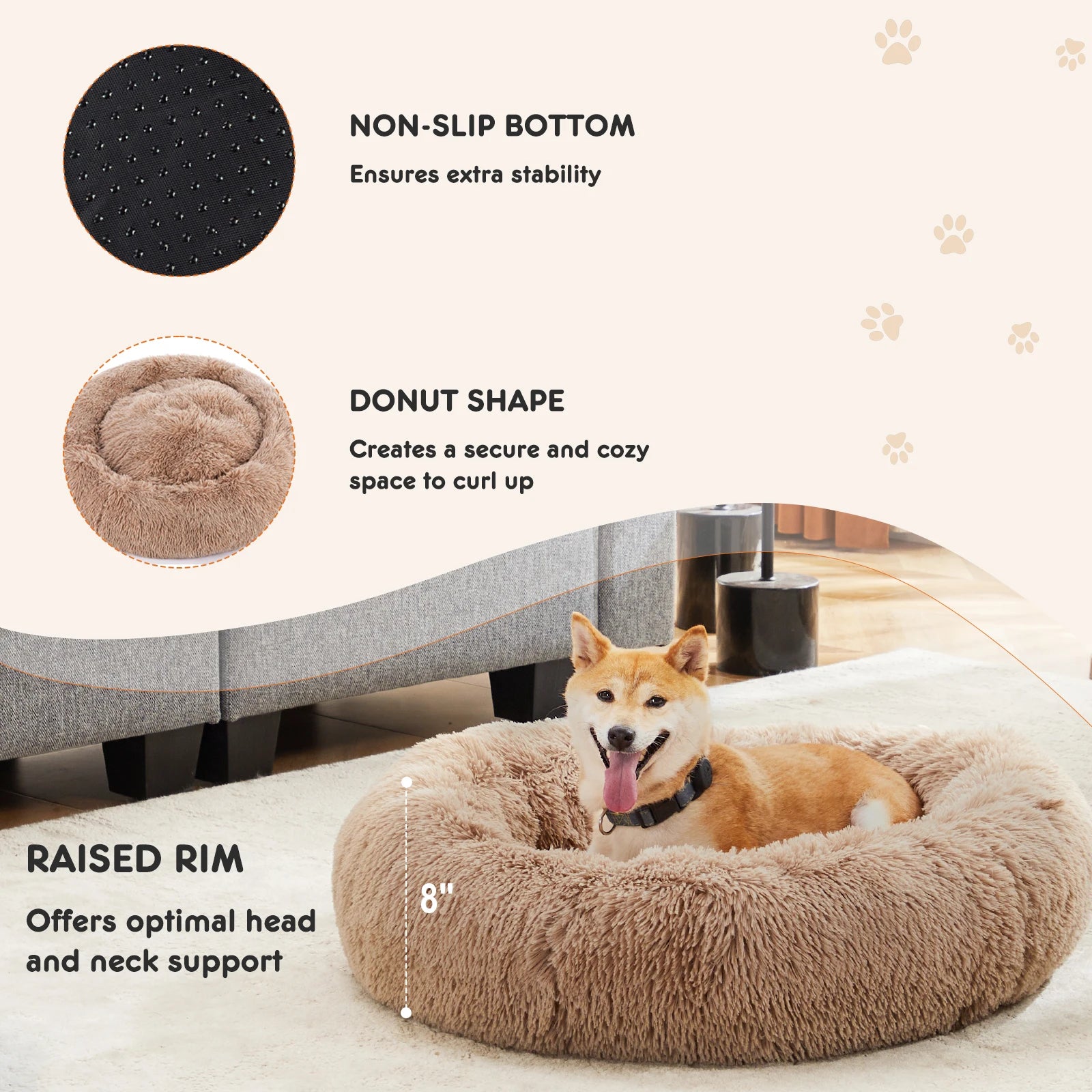Calming Dog Bed for Medium to Large Dogs Anti-Slip Round Plush Faux Fur Dog Bed.