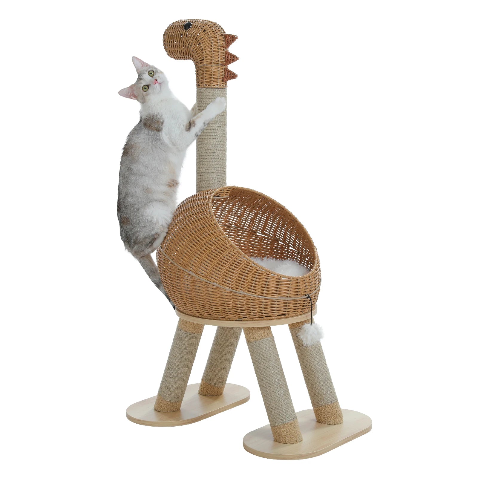 Dinosaur Cat Tree Tower with Sisal Scratching Post.  Large Rattan Cat Condo has Indoor Wicker Cat Bed with Removable Mat and Cat Toys.
Cats up to 20 lbs.
