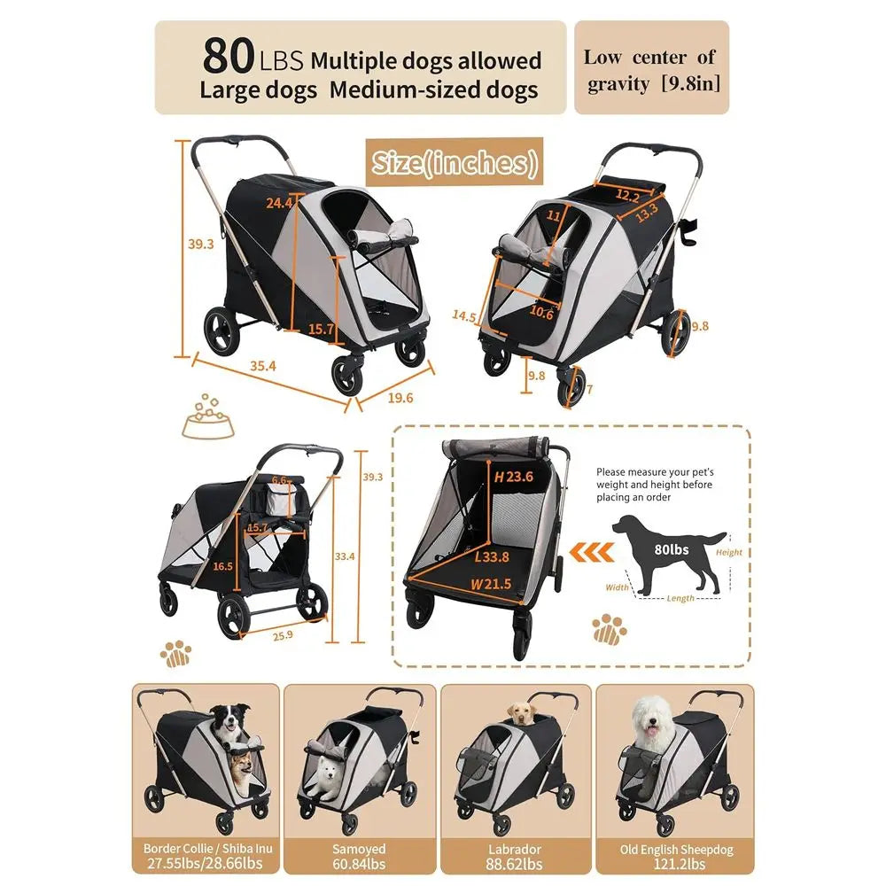 Dual-Entry 4-Wheel Pet Stroller for Large Dogs up to 80 lb. One-Foot Brake, Reflective Tape, Breathable Mesh.