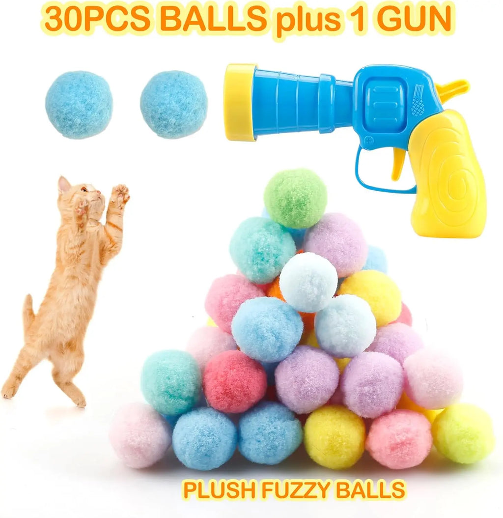 Cat Ball Toy Launcher Gun with 30 Plush Fuzzy Balls.