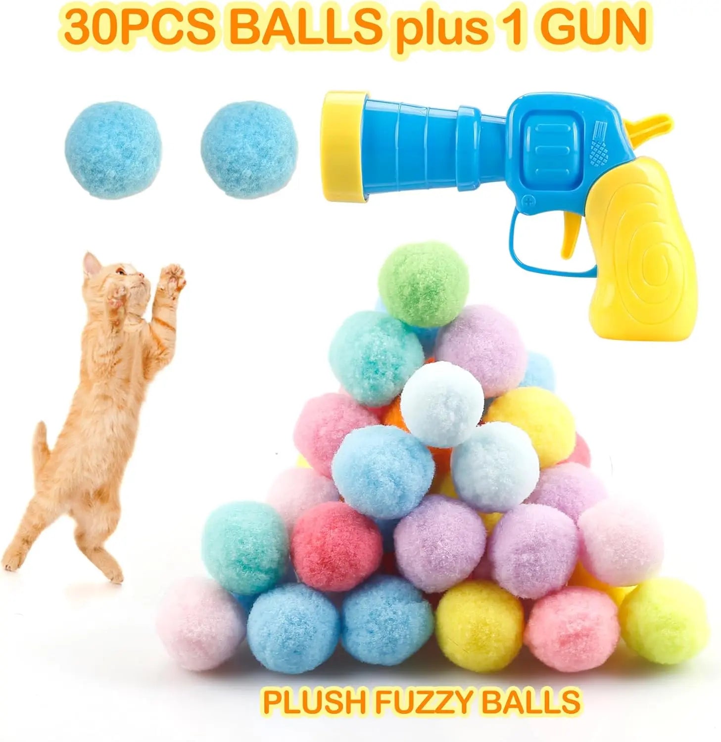 Cat Ball Toy Launcher Gun with 30 Plush Fuzzy Balls.