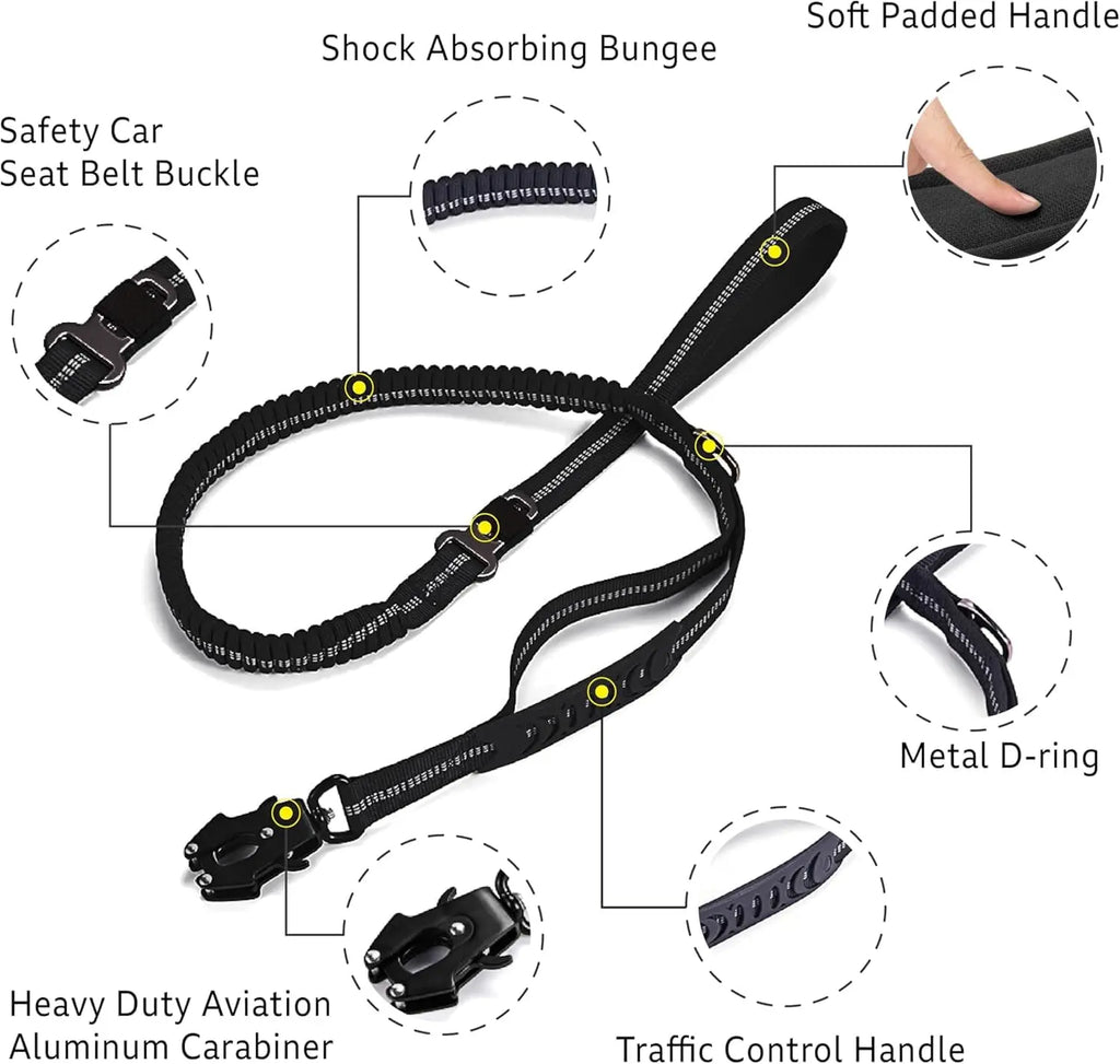 Reflective Shock Absorbing Pet Leashes with Car Seatbelt for Large Dogs.  Heavy Duty Tactical No Pull Dog Leash.