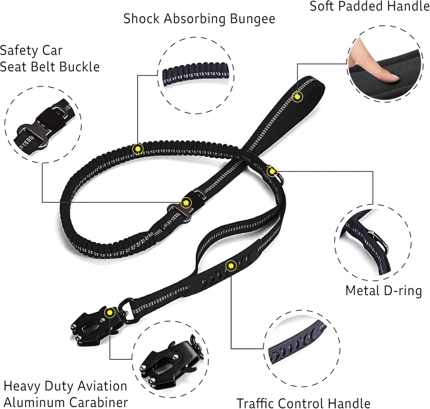 Reflective Shock Absorbing Pet Leashes with Car Seatbelt for Large Dogs.  Heavy Duty Tactical No Pull Dog Leash.