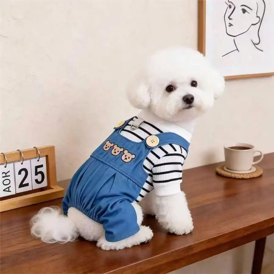 1 piece Spring & Summer Pet Clothes for Dogs and Cats.  Pet Suspender Pants and a  Cute Bear Print on the back of the Casual Jumpsuit.