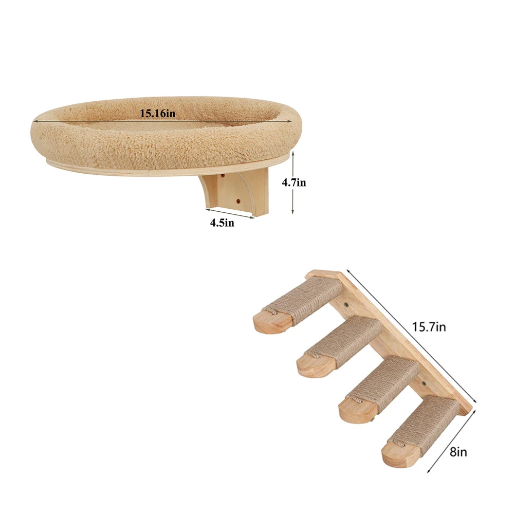 Cat Wall Mounted Wooden Climbing Ladder and Cat Hammock(extra) with Scratching Post and Perches.