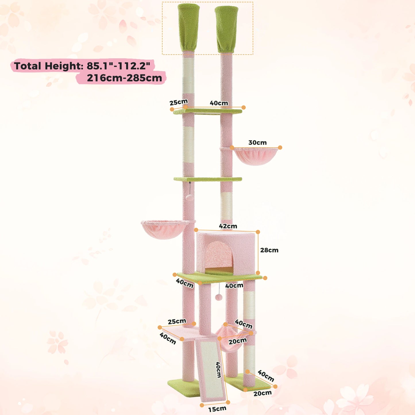 Floor to Ceiling Cat Tree with Scratching Posts and a Hammock for Indoor Cats with Toys.