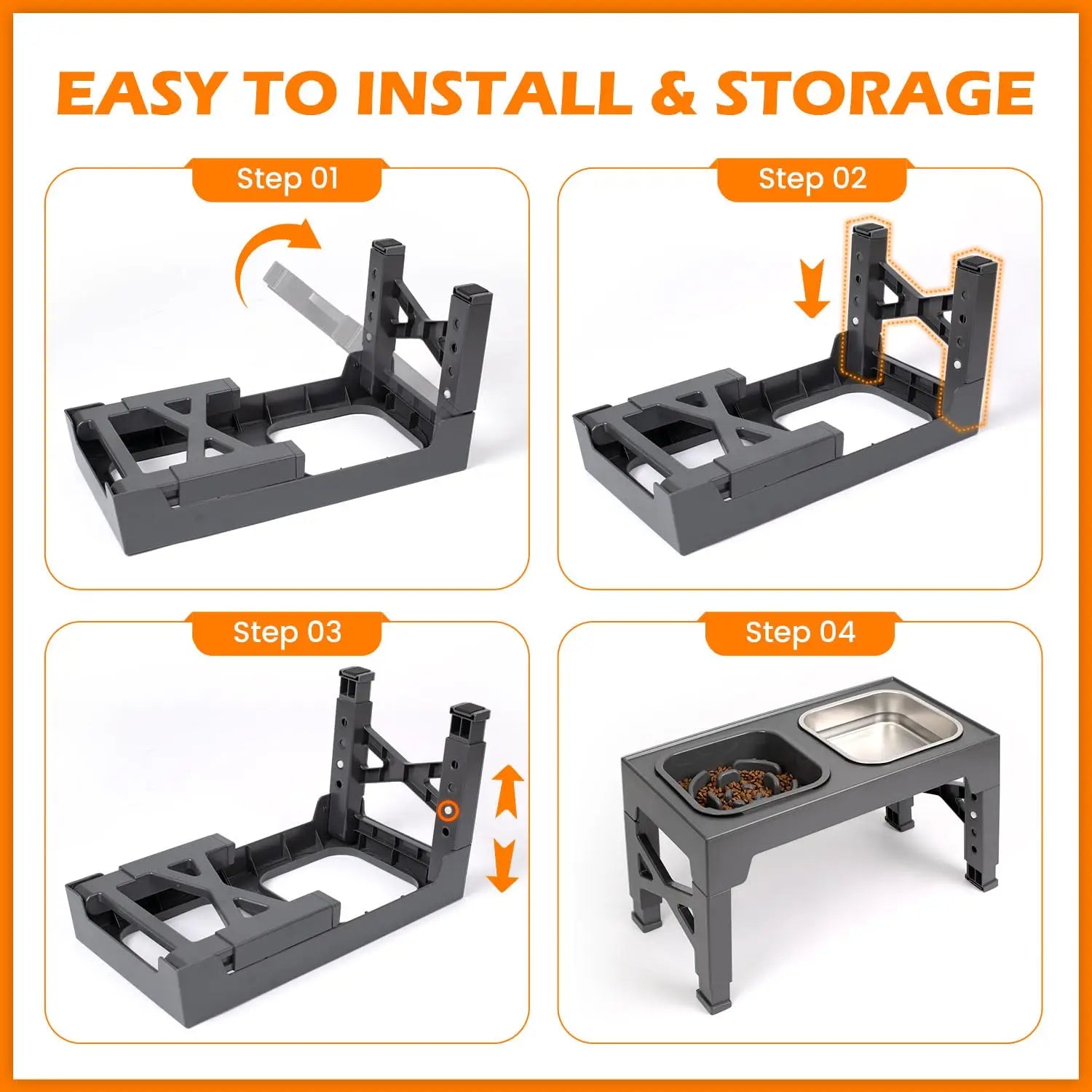 Elevated Dog and Cat Bowls, Stainless Steel/Plastic/ Pet Food & Water Bowls with Foldable Stand.