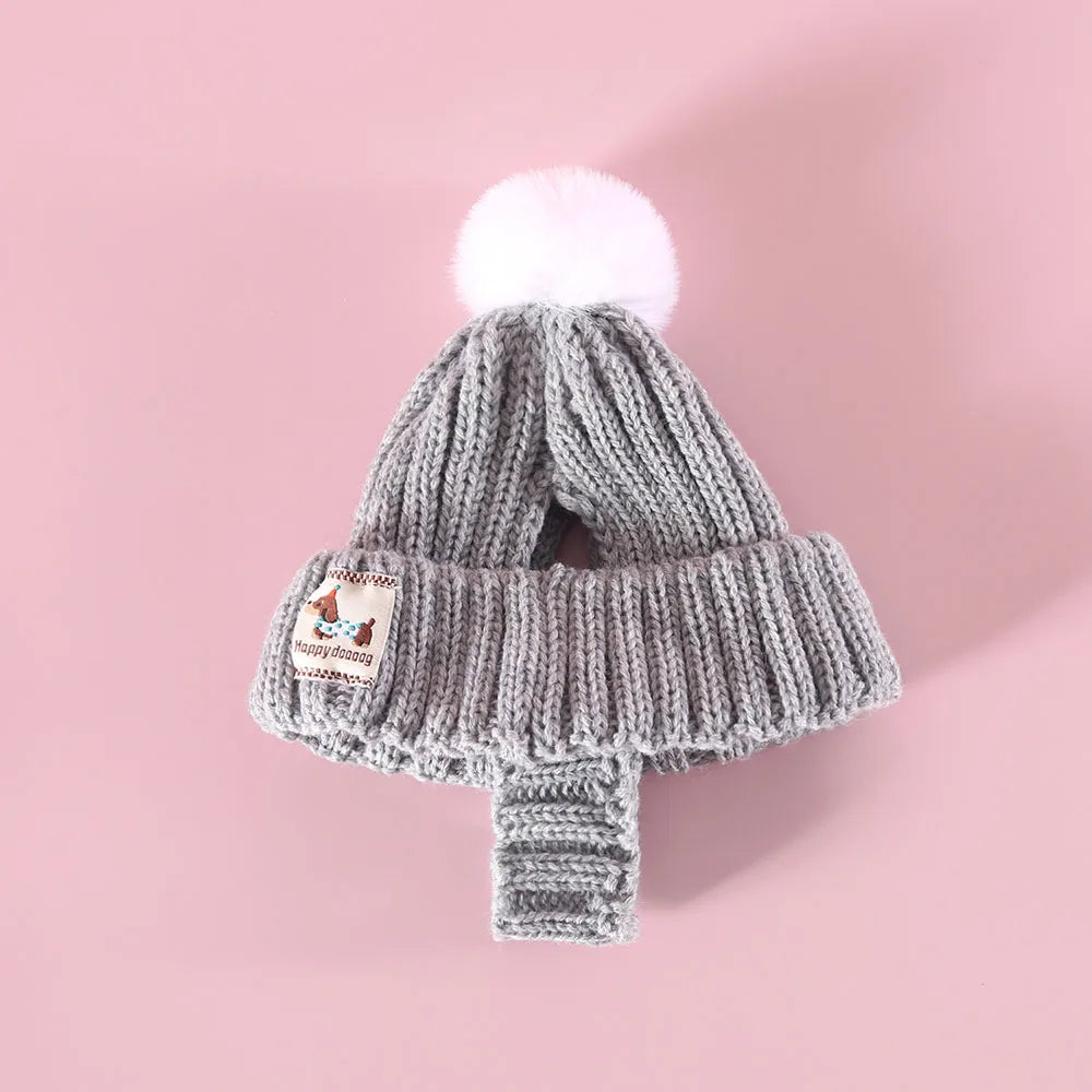 Winter Knitted Dog Hat with Plush Ball and Windproof.