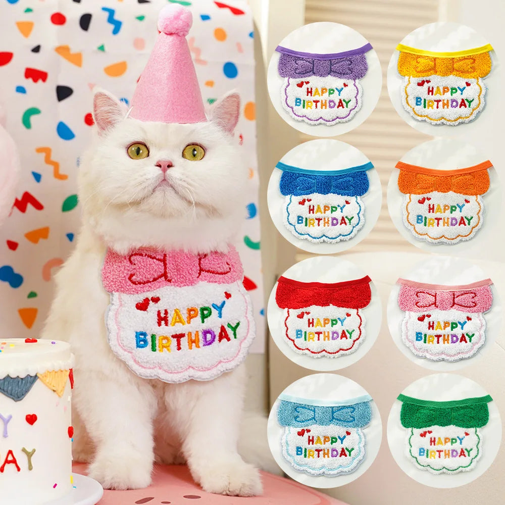 Pet Birthday Hat and Adjustable Scarf Set.  Cat and Dog Birthday Mini Pet Saliva Towels.