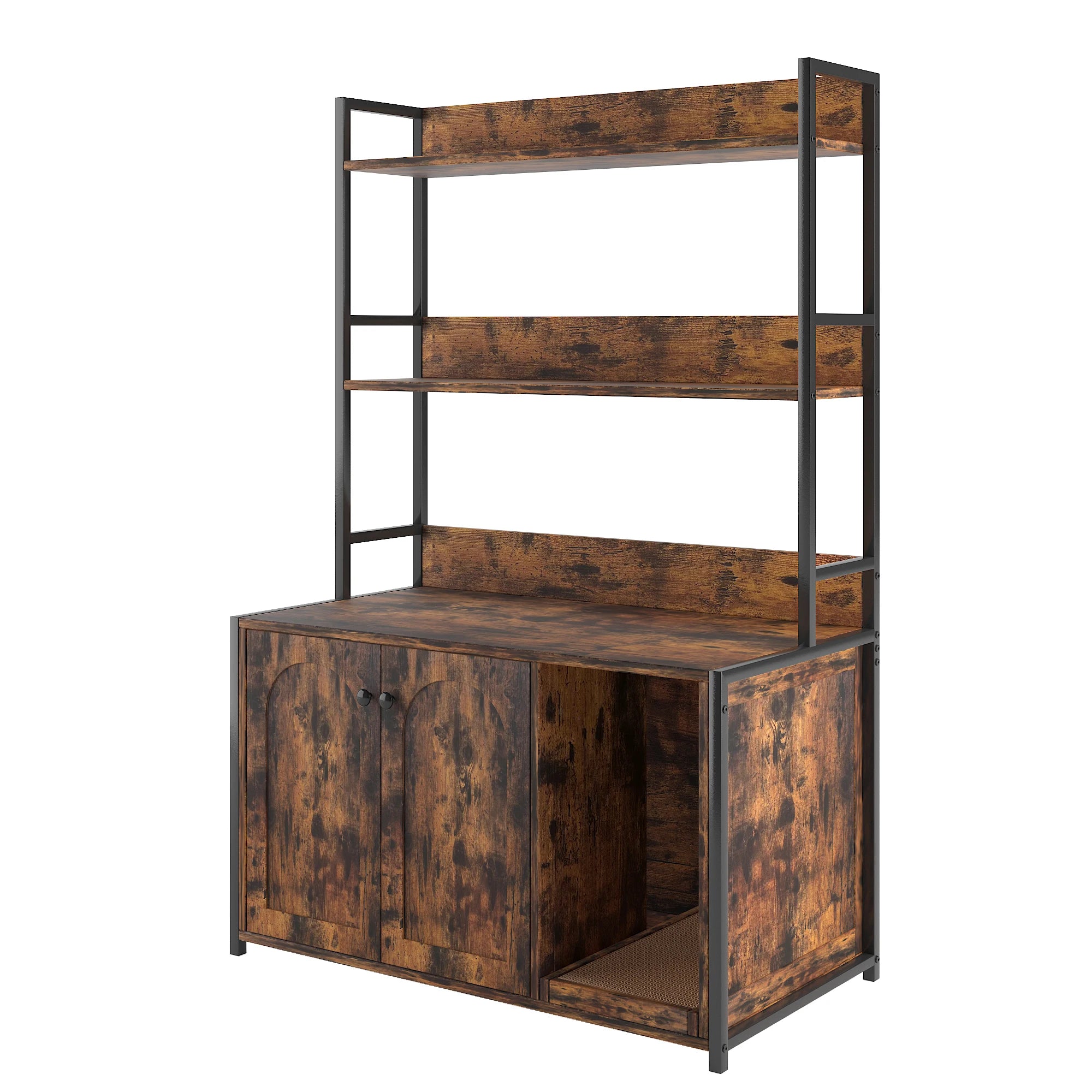 Wood Cat Litter Box Enclosure.  Furniture with Shelves. Indoor Cat Area with Scratch Pad.