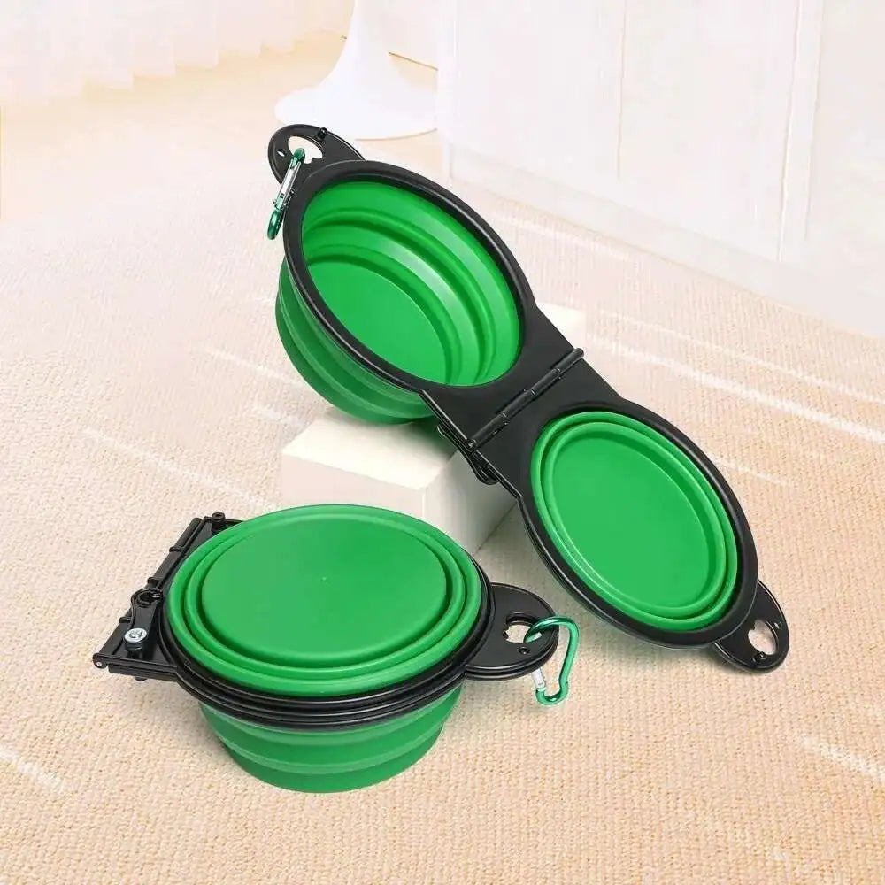 2 in 1 Collapsible Double Dog Travel Bowl.  Folding Bowl Allows One Side for Food and the Other for Water.