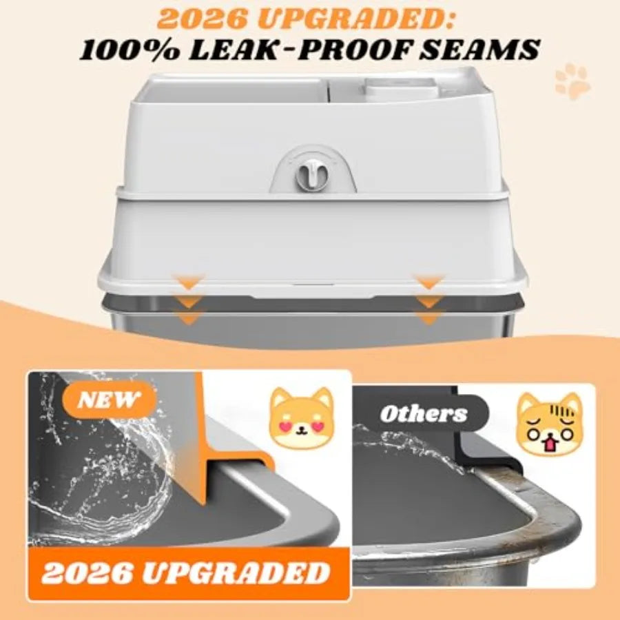 Stainless Steel Litter Box.  Enclosed Cat Litter Box with Lid for Big Cats.  High Sided Metal Litter Boxes.  100% Anti-Urine Leakage.