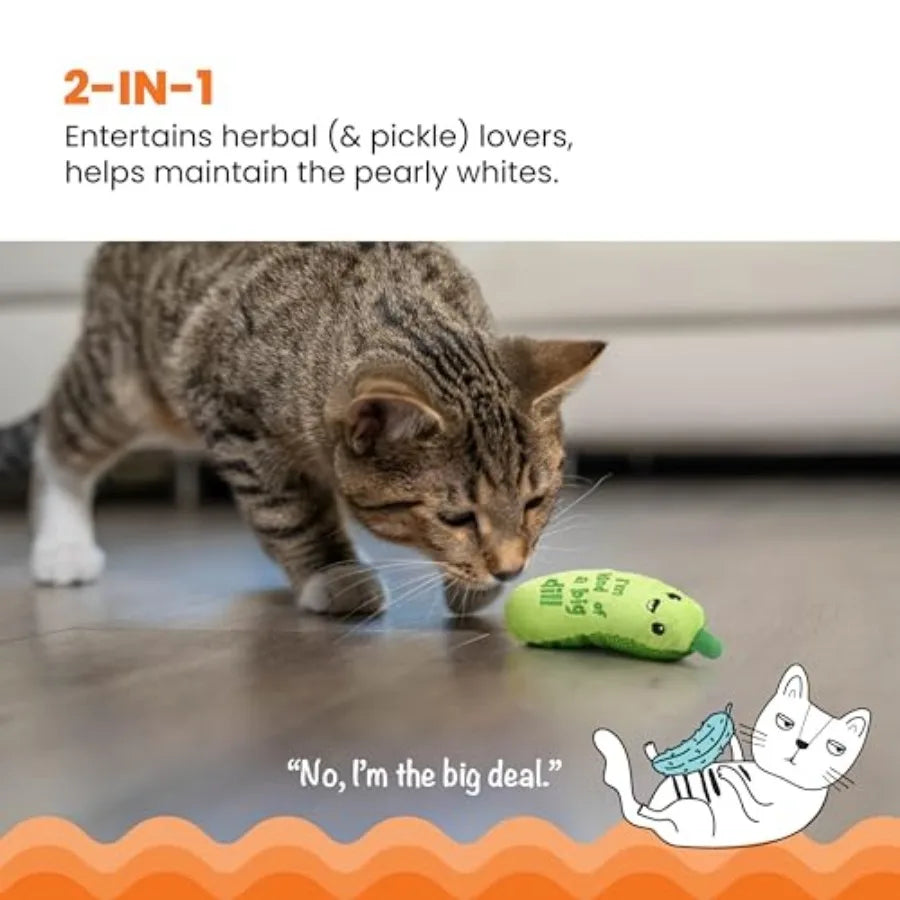 Crunchy Pickle Kicker Cat Toy.  Plush Crinkle Toy with Catnip and Dental Mesh, 6.5".