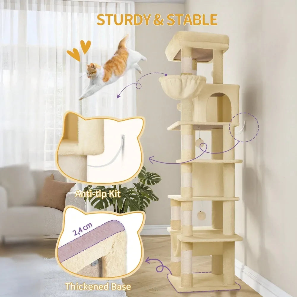 Large Tall Cat Tree Tower For Indoor Cats, Cat House Condo, with Scratching Posts Hammock, and Pom-Poms.