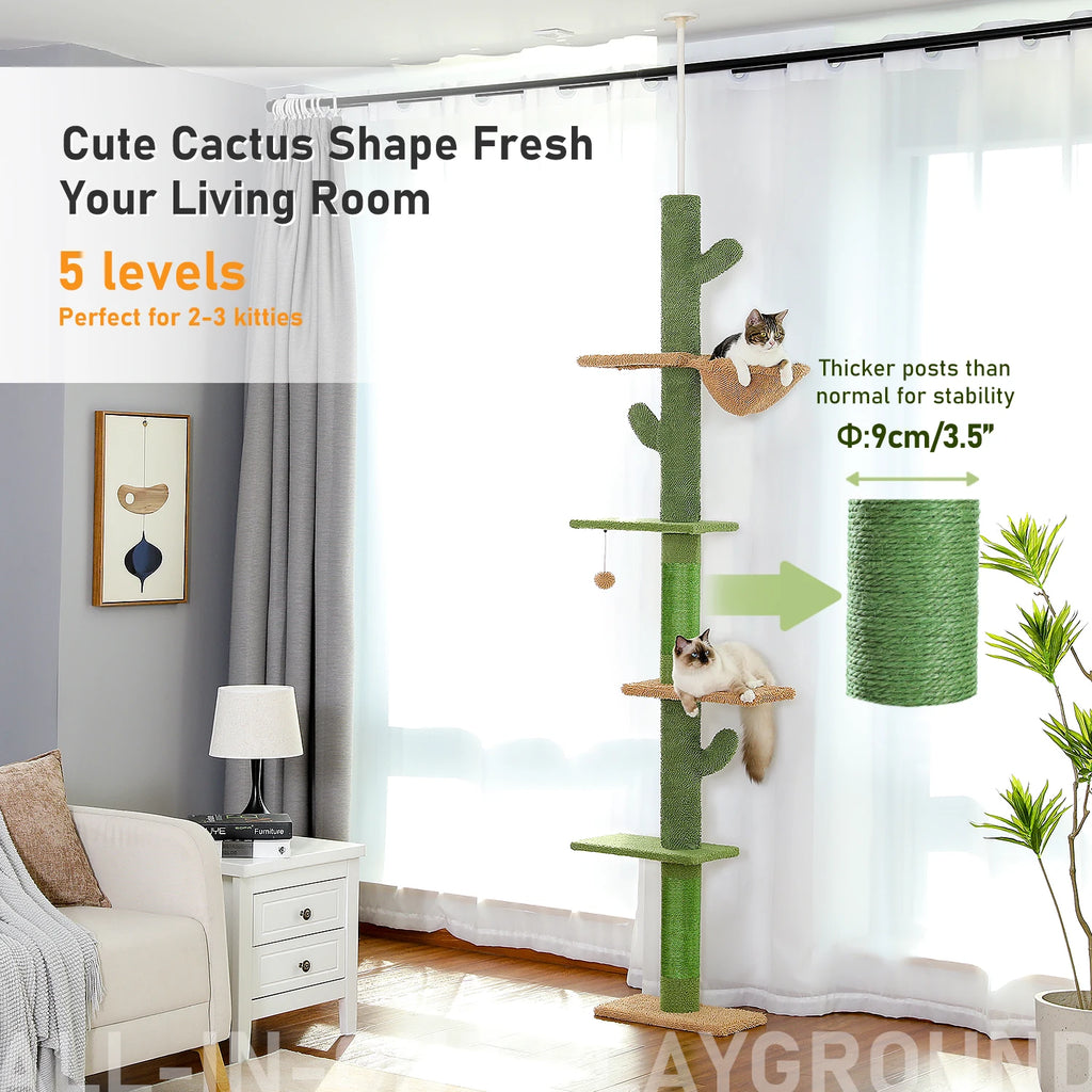 Cat Tower Cactus Tree with Scratching Post,  Hammock and Dangling Ball for Indoor Cats.