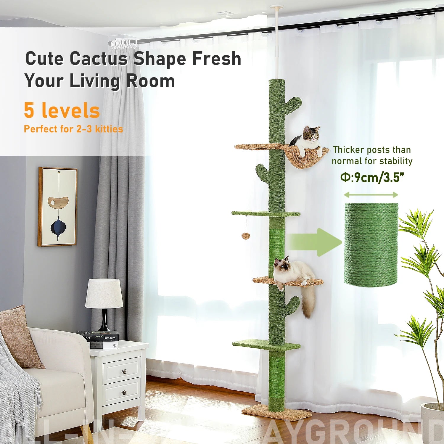 Cat Tower Cactus Tree with Scratching Post,  Hammock and Dangling Ball for Indoor Cats.