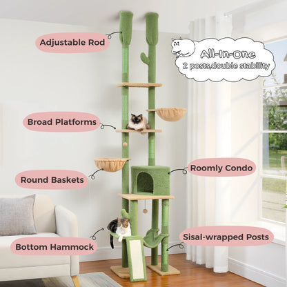 Floor to Ceiling Cat Tree with Scratching Posts and a Hammock for Indoor Cats with Toys.