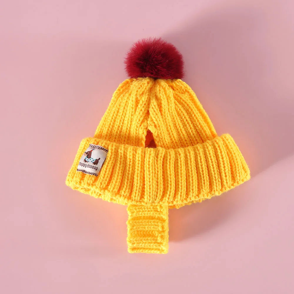 Winter Knitted Dog Hat with Plush Ball and Windproof.