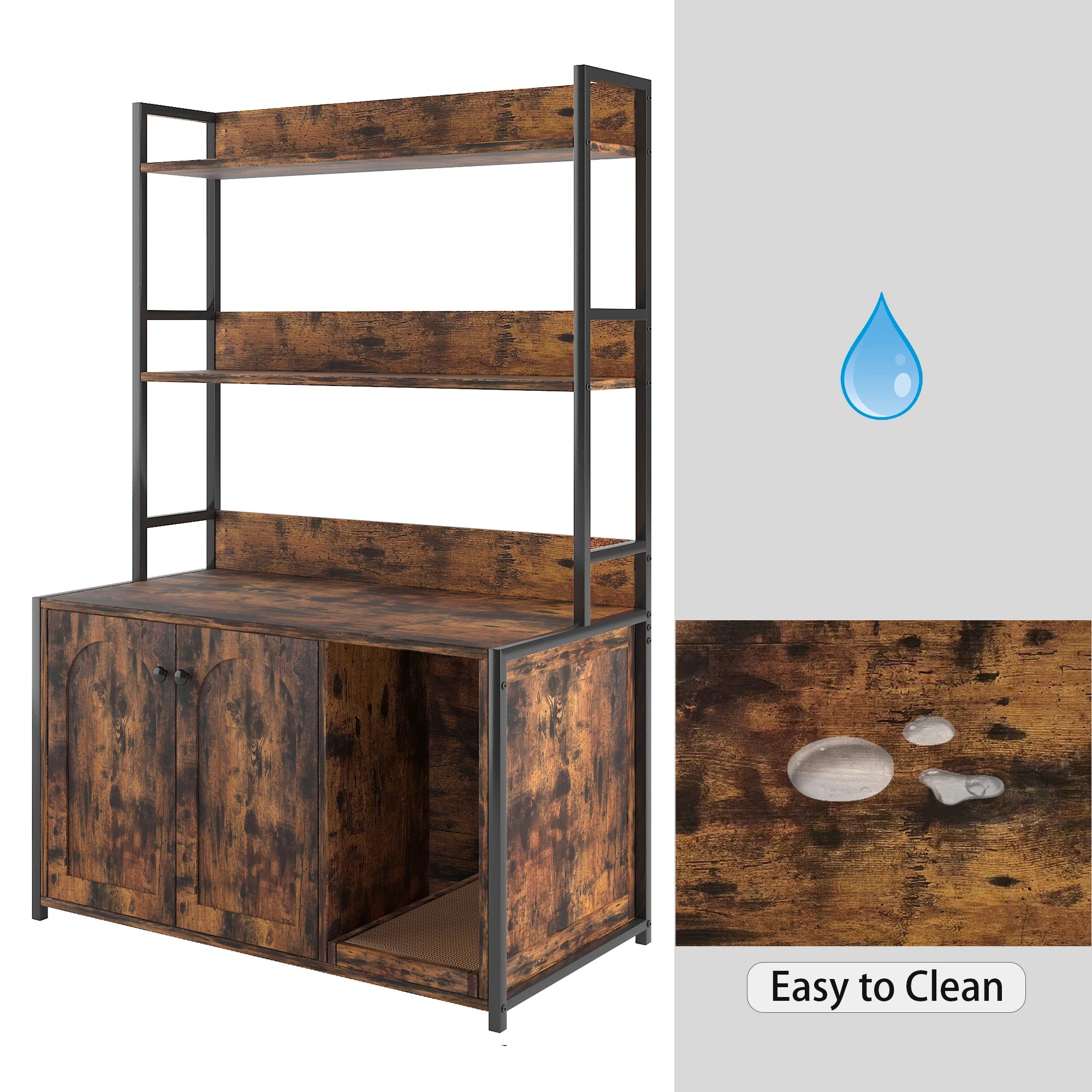 Wood Cat Litter Box Enclosure.  Furniture with Shelves. Indoor Cat Area with Scratch Pad.