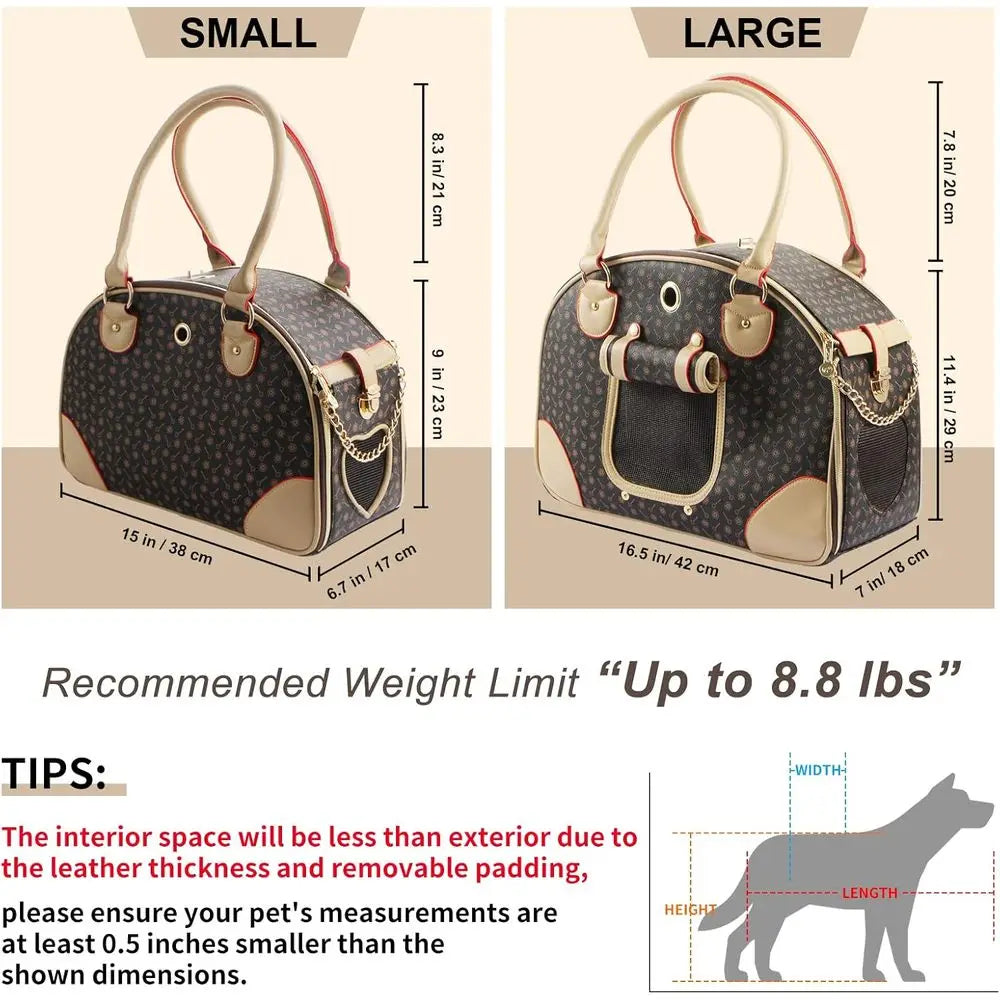 Fashion Dog Carrier PU Leather Dog Handbag.  Extra Small  Dog Purse,  Cat Tote.  Brown, Small 38 * 23 * 17cm.