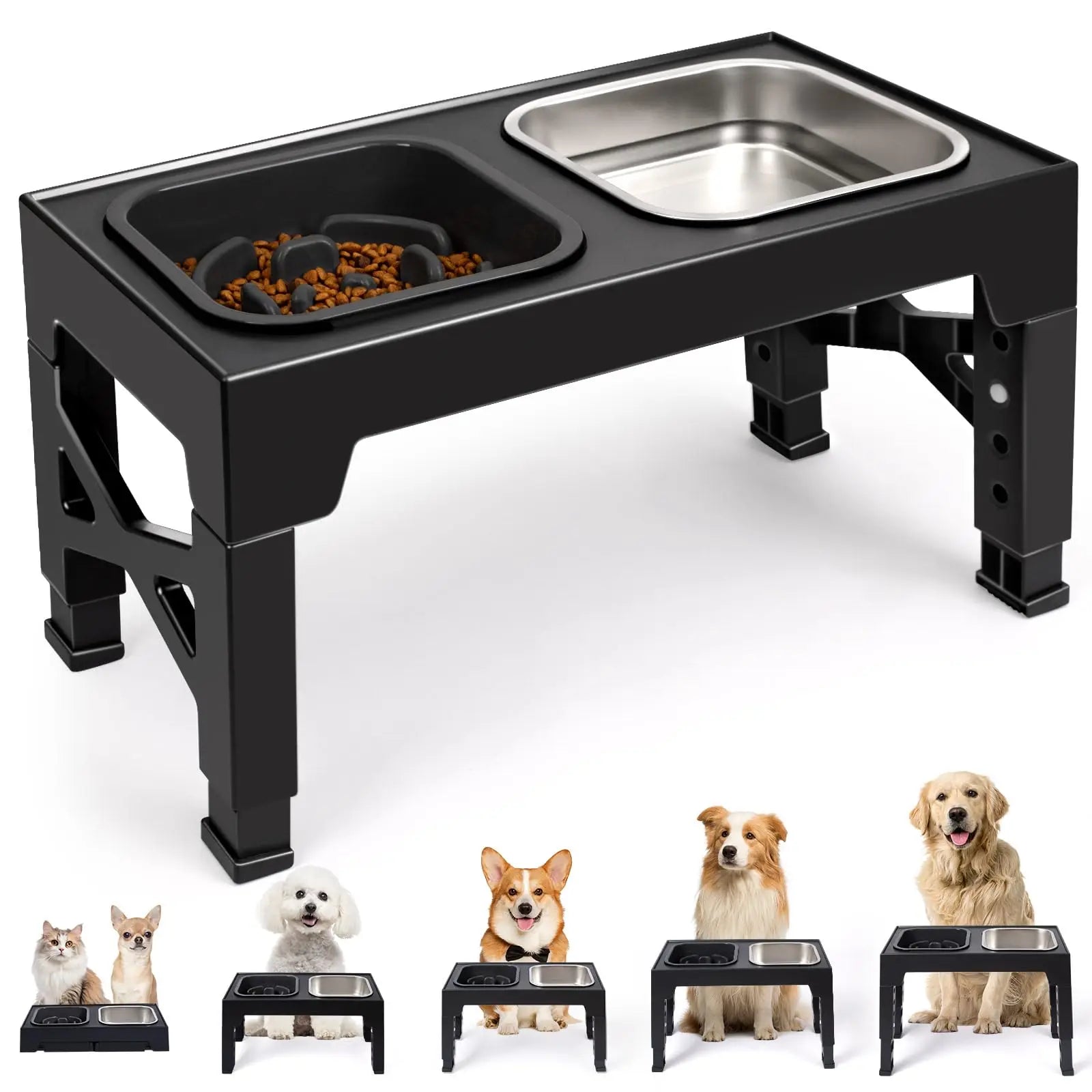 Elevated Dog and Cat Bowls, Stainless Steel/Plastic/ Pet Food & Water Bowls with Foldable Stand.