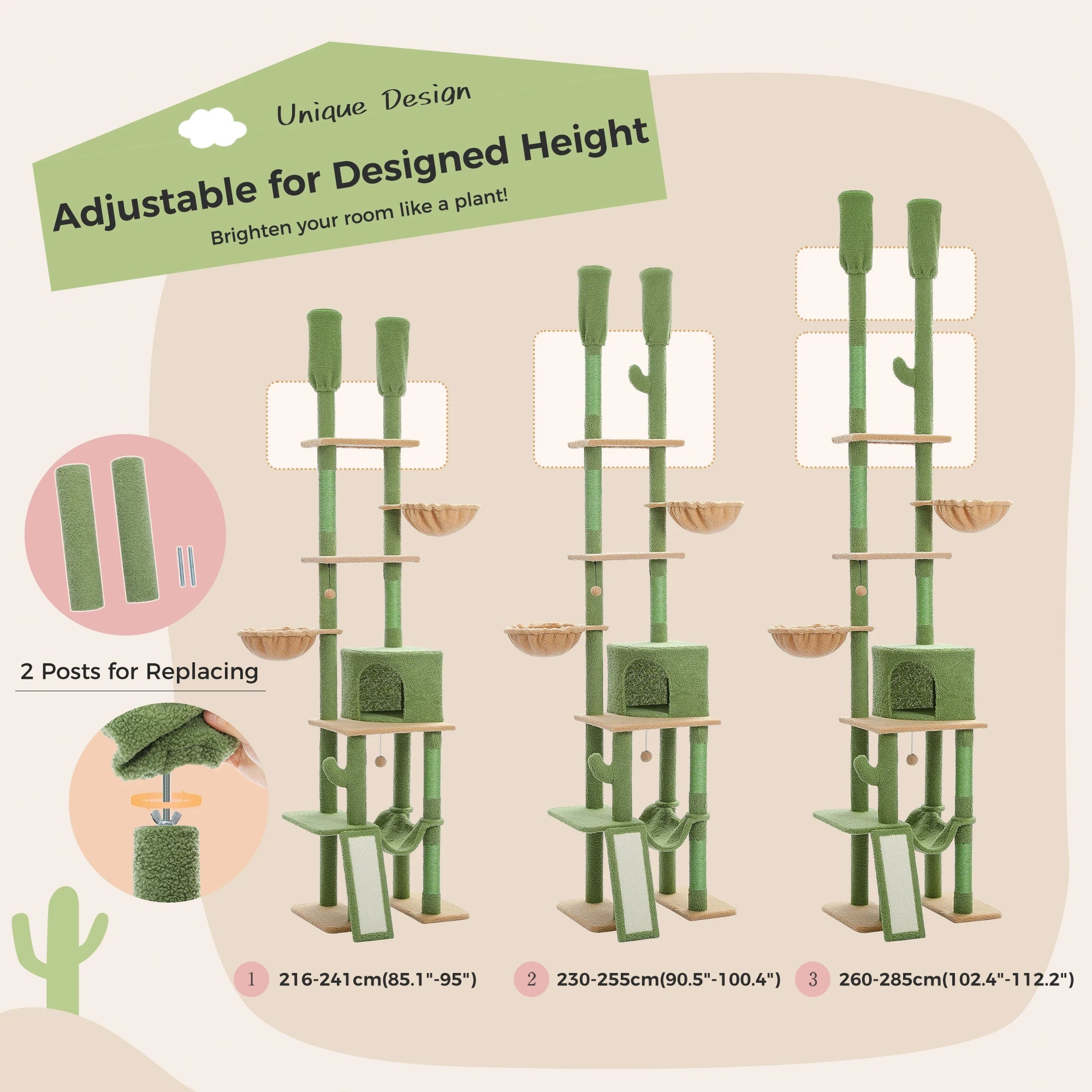 Cactus Cat Tree Tower 7 Tiers Cat Climbing Tree with Hammocks, Condos, Scratching Posts, Ladder and Cat Toys.