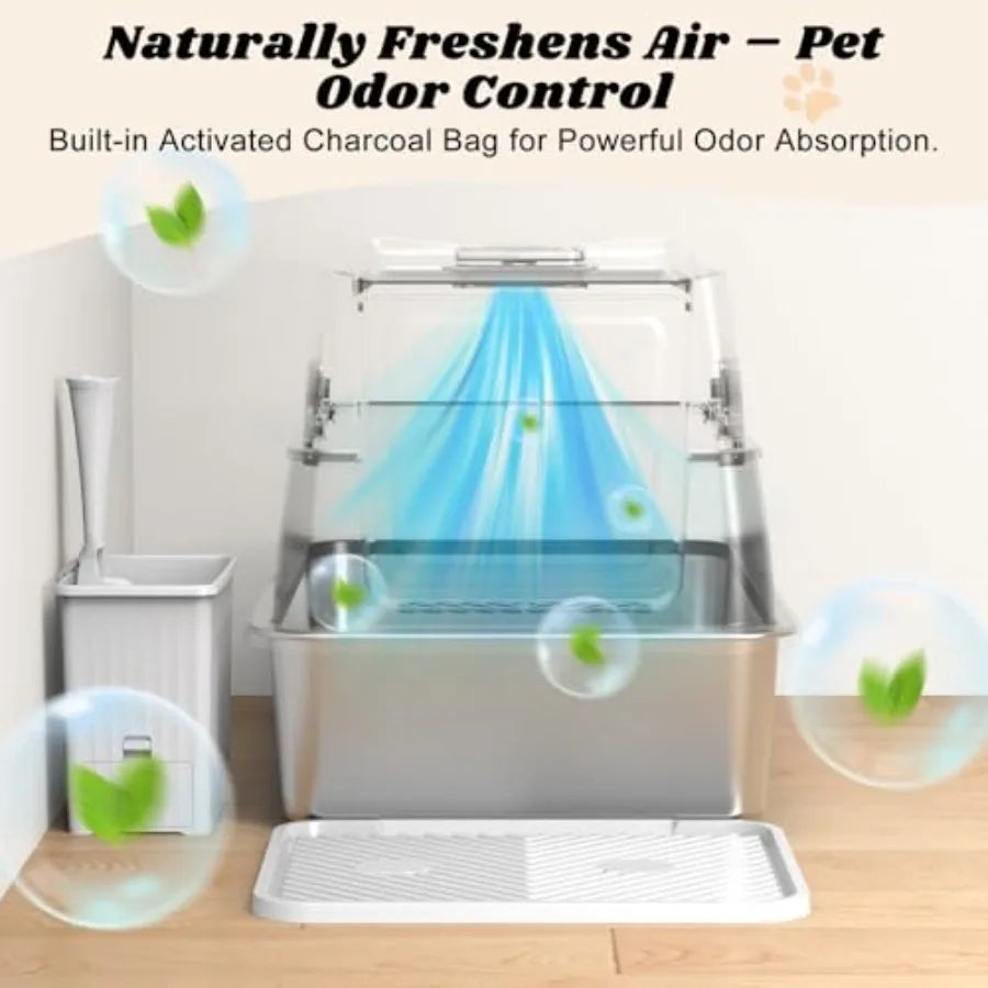 Stainless Steel Litter Box.  Enclosed Cat Litter Box with Lid for Big Cats.  High Sided Metal Litter Boxes.  100% Anti-Urine Leakage.