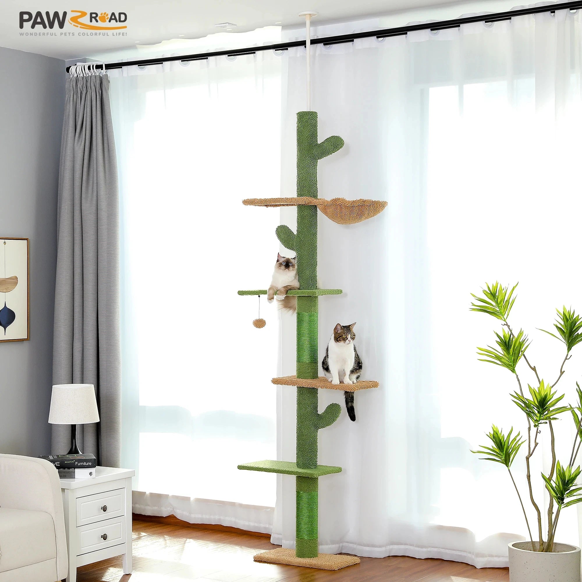Cat Tower Cactus Tree with Scratching Post,  Hammock and Dangling Ball for Indoor Cats.