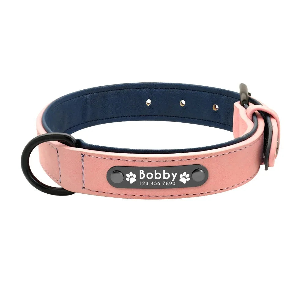 Personalized Name ID Tag Leather Dog Collar for Small, Medium and Large Dogs.