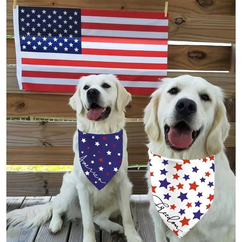 2 sets of 24.8 × 11 inch patriotic themed dog triangle scarves, Independence Day square scarves, American flag pet scarves.