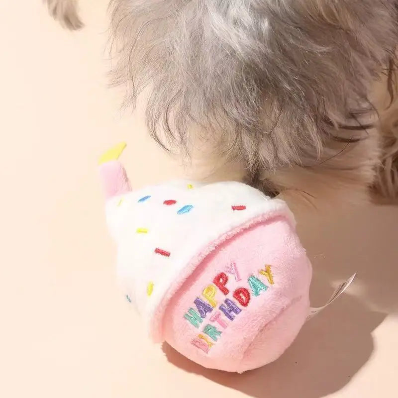 Dog Birthday Cake Squeaky Toy with Colorful Candles.      Durable Funny Stuffed Chew for Large Breeds Birthday Gift
