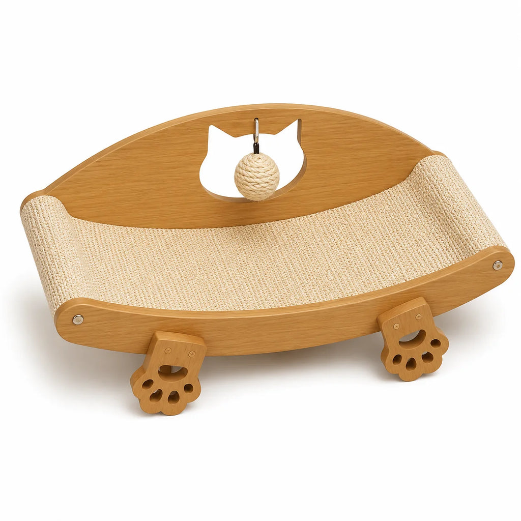 Large Sisal Cat Scratching Lounge Chair with Ball Toy, Wooden Rocking Sofa Bed for Indoor Cats to Scratch, Rest and Play.