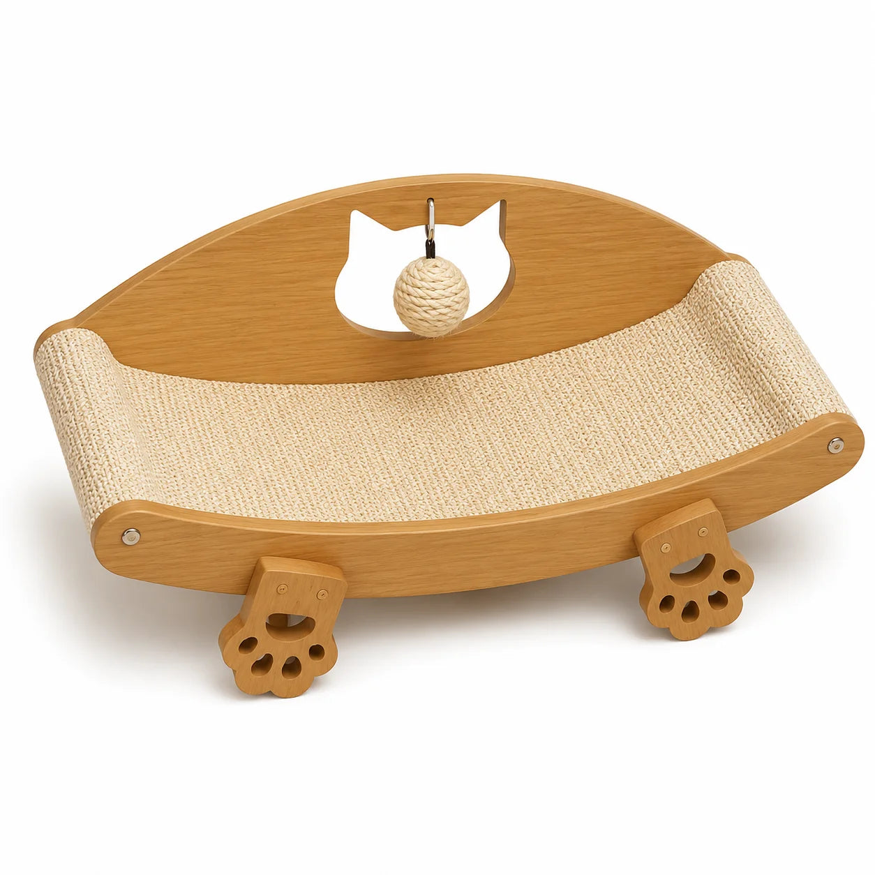 Large Sisal Cat Scratching Lounge Chair with Ball Toy, Wooden Rocking Sofa Bed for Indoor Cats to Scratch, Rest and Play.