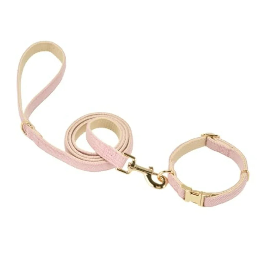 Luxury Soft Cotton Tweed Fabric Dog Collar and Leash Set with Gold Buckle.  Durable Fabric and  Stylish Design for Everyday Walks.